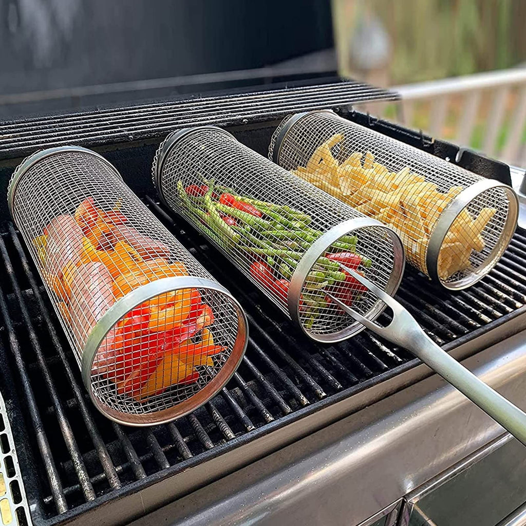 Rolling Grilling Basket Metal BBQ Net Portable Outdoor Camping Barbecue Rack Kitchen Gadgets - 313etcetera404