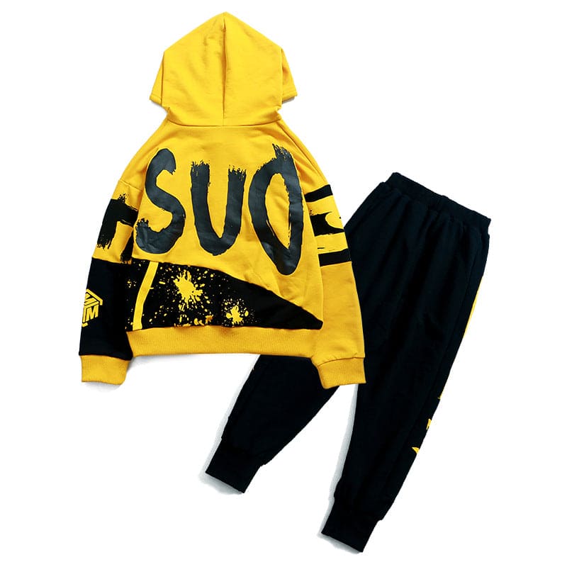 Boy's Black Yellow Hooded Sports Set Hoodie Pants Casual Wear - 313etcetera404