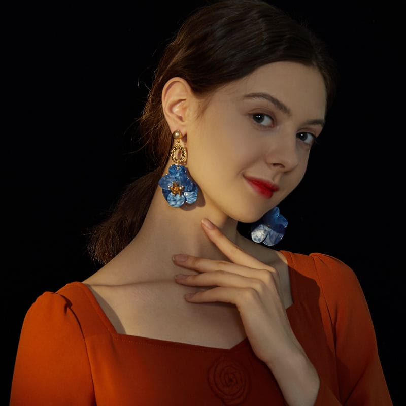 Acrylic Royal Blue Vintage Style Flower  Exaggerate French Statement Earrings Gift For Her - 313etcetera404