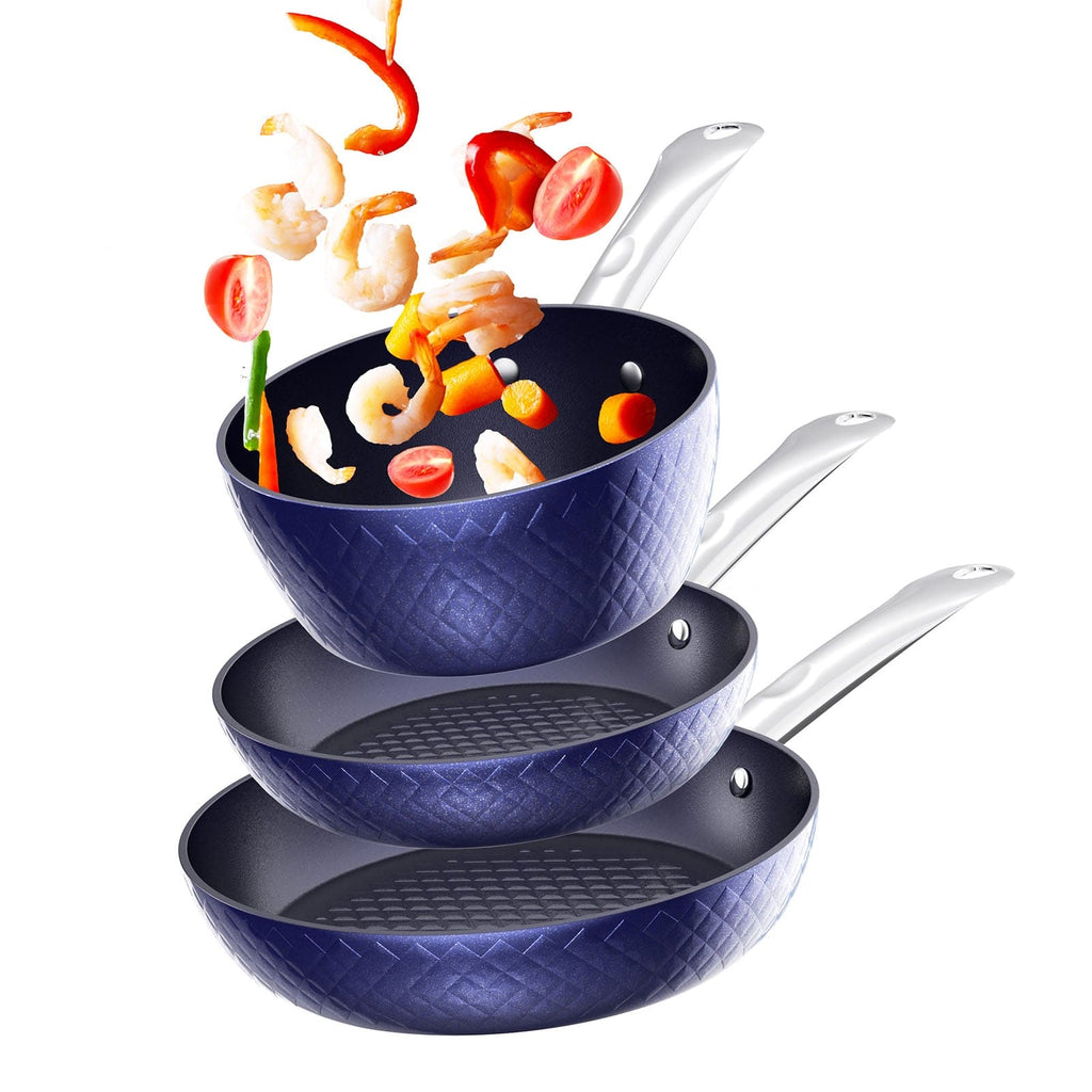 Frying Pan Sets Non Stick 3Pieces Blue 3D Diamond Cookware - 313etcetera404