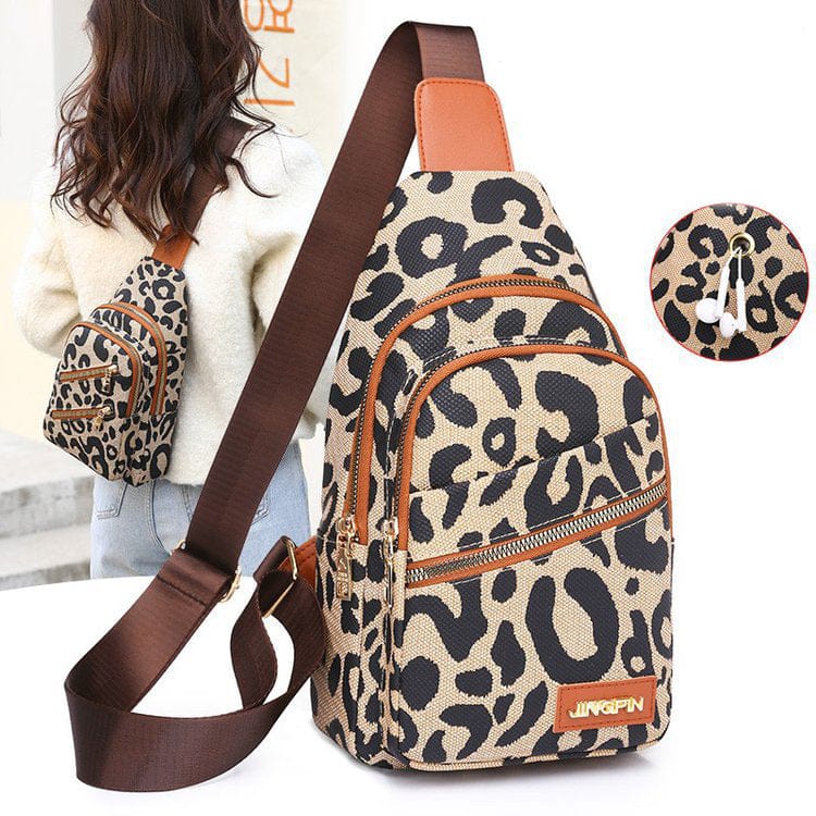 Leopard Print Sling Chest Bag With Headphone Jack Crossbody Backpack Shoulder Bag Women - 313etcetera404