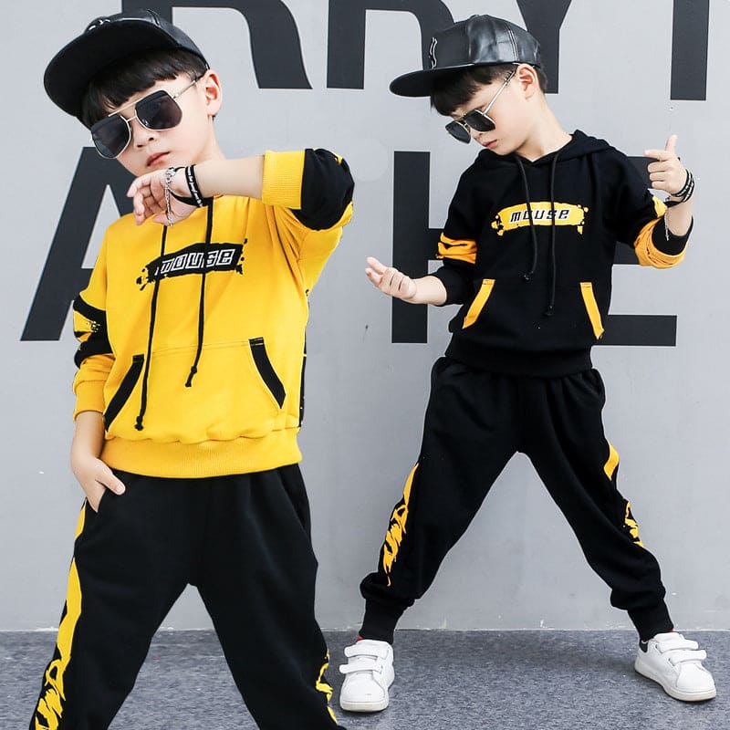 Boy's Black Yellow Hooded Sports Set Hoodie Pants Casual Wear - 313etcetera404