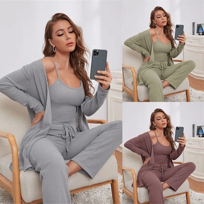 Ladies Waffle Knitted Top And Trousers Robe Pajamas 3PC Set - 313etcetera404