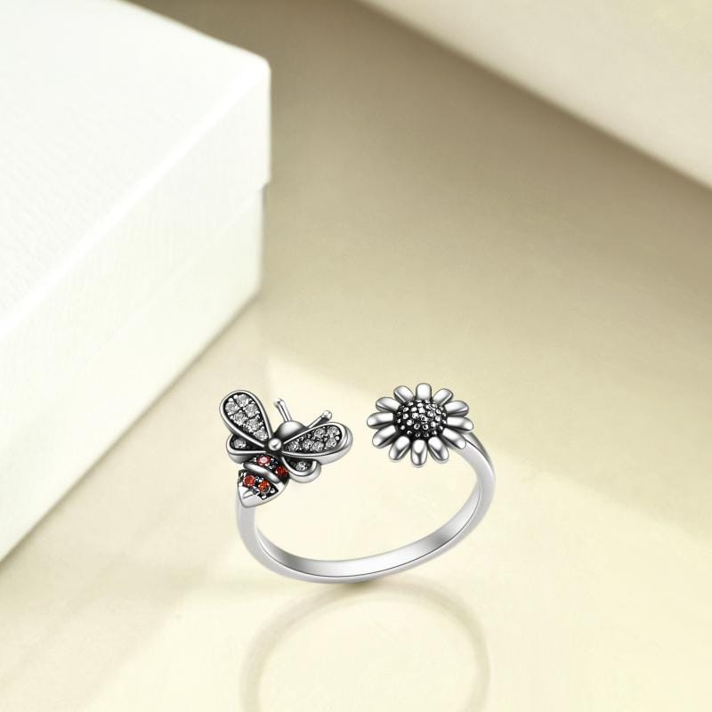 Sterling Silver Adjustable Bumble Bee Sunflower Ring Minimalist Gift For Her - 313etcetera404