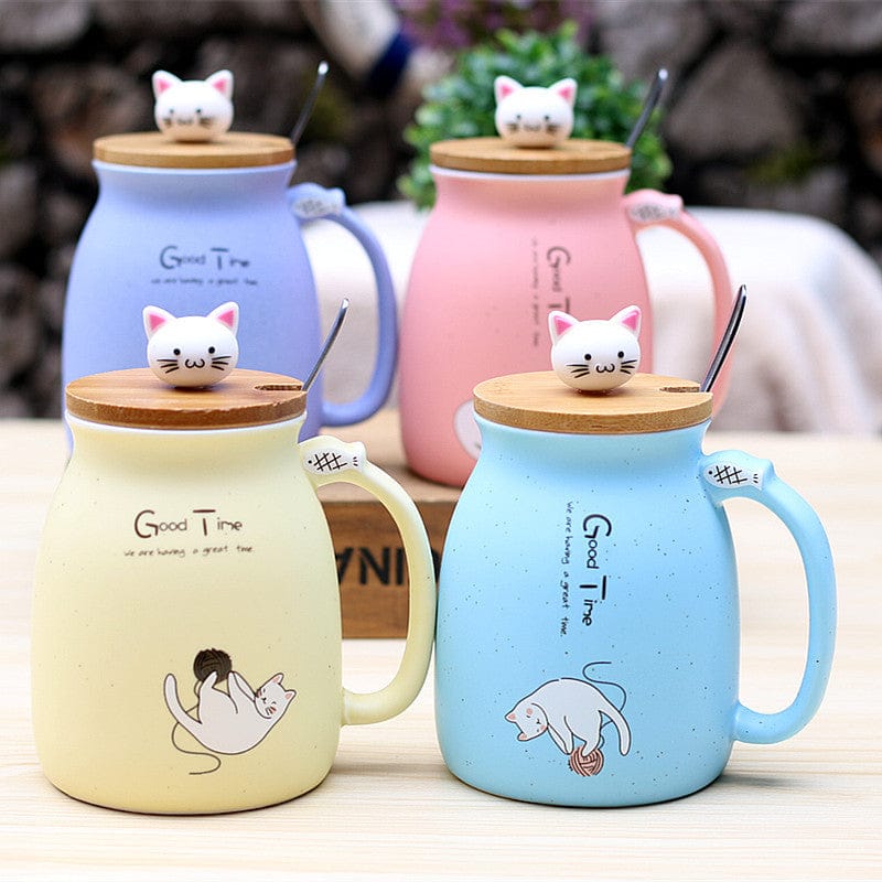 Color Cartoon Tea Cup With Lid Kitten Ceramic Mug Japanese Style Mug Home Goods - 313etcetera404