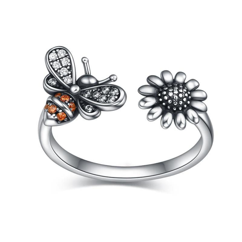 Sterling Silver Adjustable Bumble Bee Sunflower Ring Minimalist Gift For Her - 313etcetera404