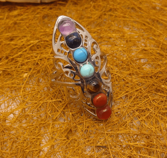 Silver Seven Chakra Rings Rainbow Gemstone Unique Jewelry Gift For Her - 313etcetera404