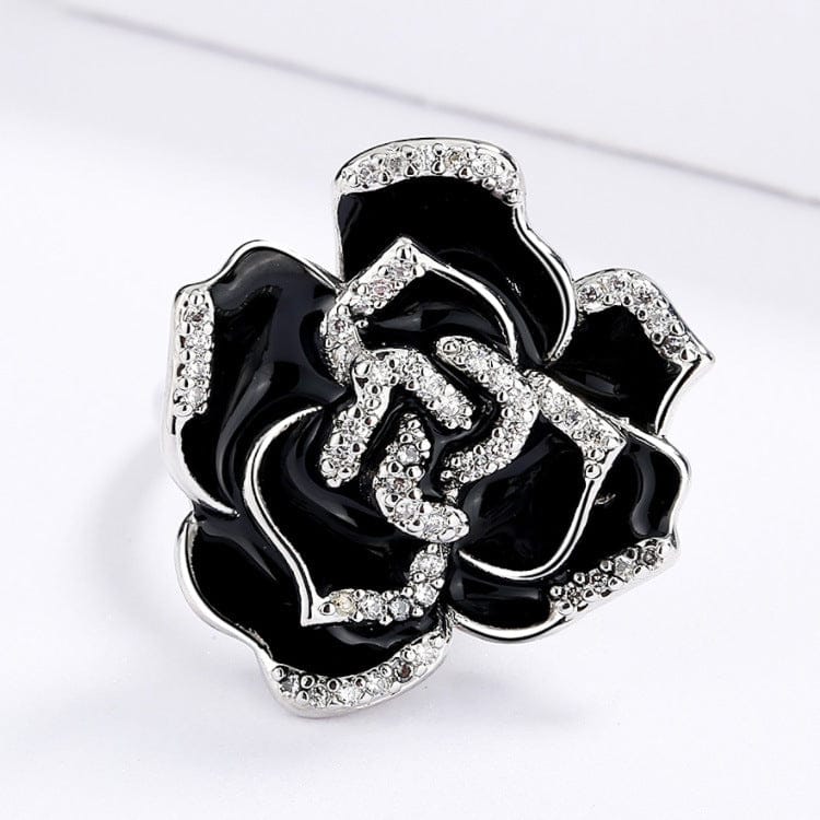 Vintage Elegant Enamel Ladies Ring Unique Black Flowers Gift For Her - 313etcetera404