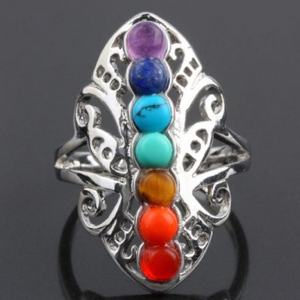 Silver Seven Chakra Rings Rainbow Gemstone Unique Jewelry Gift For Her - 313etcetera404