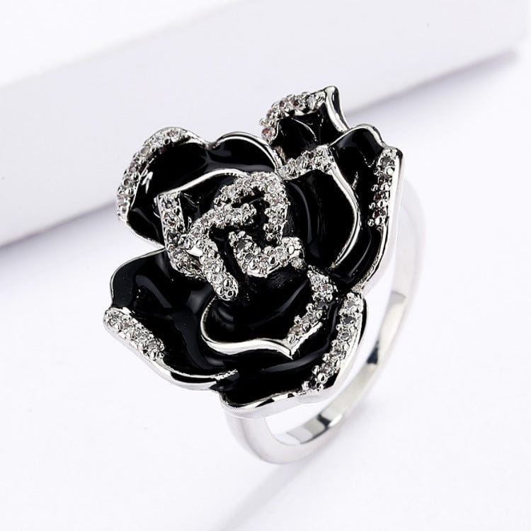 Vintage Elegant Enamel Ladies Ring Unique Black Flowers Gift For Her - 313etcetera404