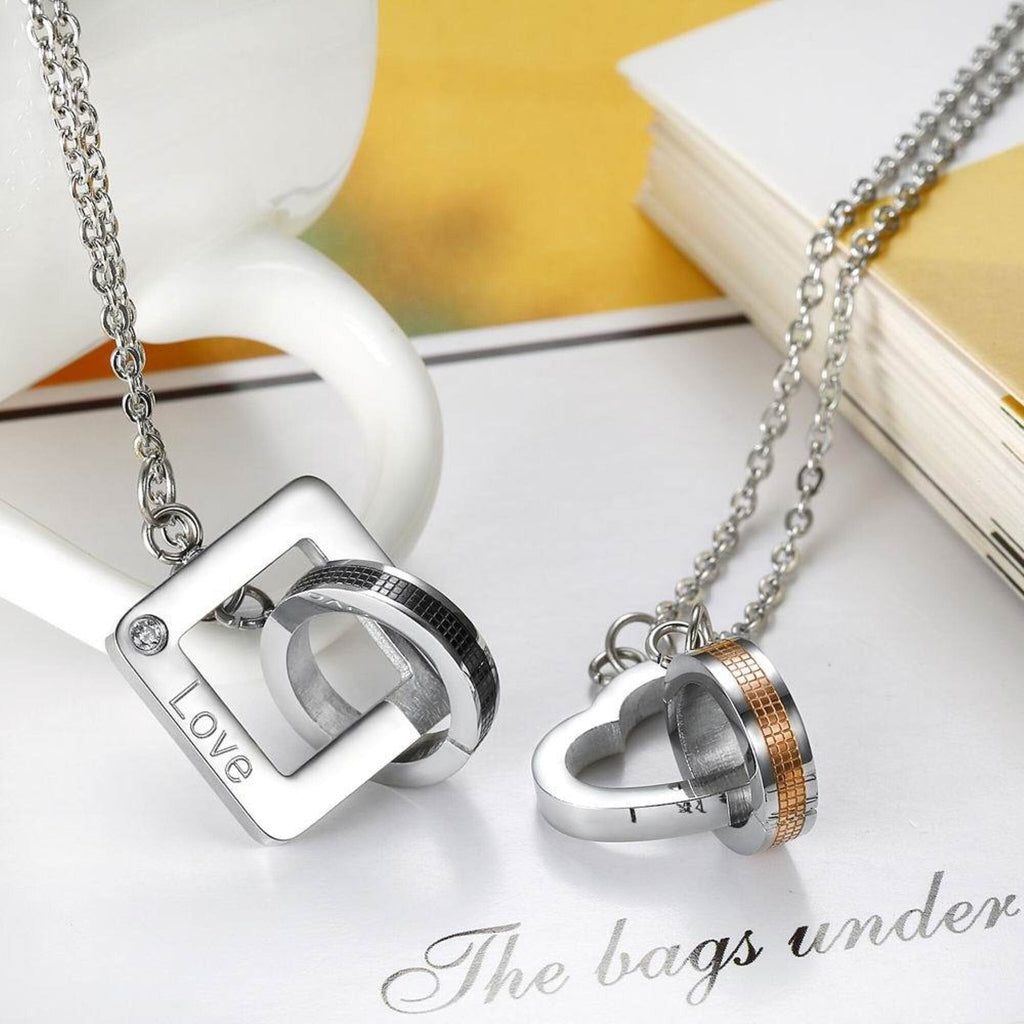Ring and Heart Pendant Chain Ring and Square Necklace - 313etcetera404