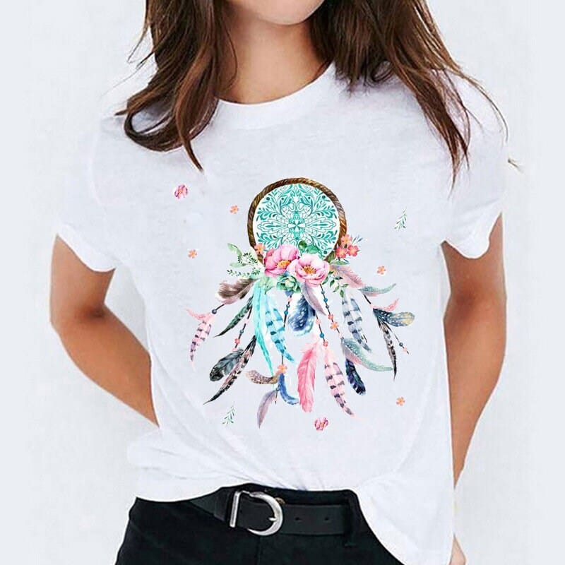 Ladies Boho Eclectic Fun Cute Unique T-Shirt With Feathers Gift For Her - 313etcetera404