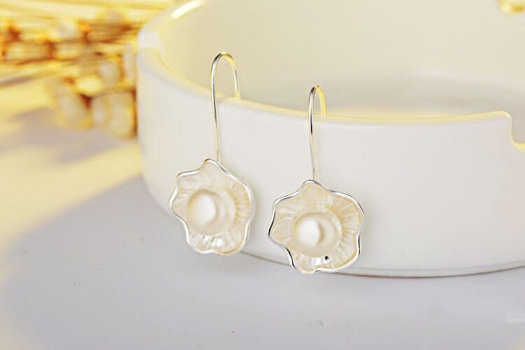 Ladies Silver Pearl Lotus Earrings Gift For Her Valentines - 313etcetera404