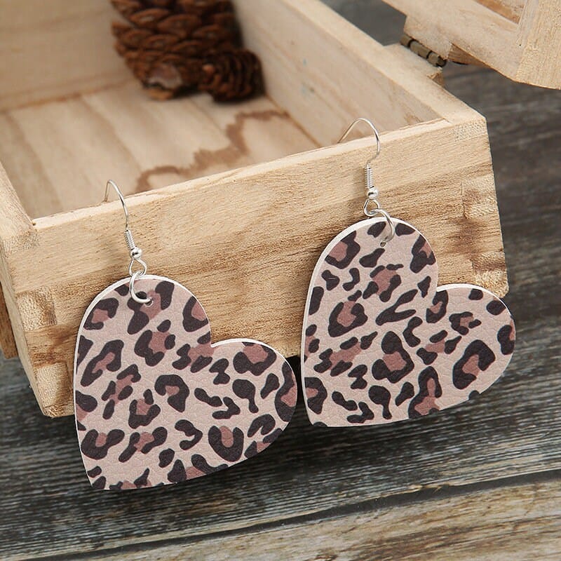 Valentine's Day Heart Love Leather Leopard Animal Print Earrings Gift For Her - 313etcetera404