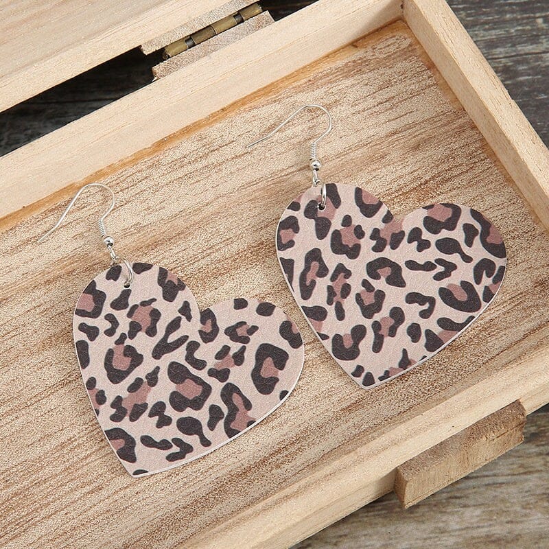 Valentine's Day Heart Love Leather Leopard Animal Print Earrings Gift For Her - 313etcetera404